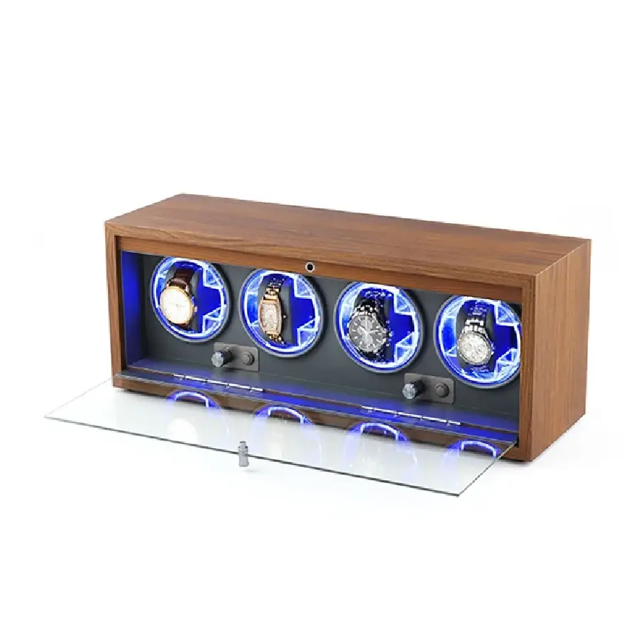 Yeni Proje - 2025-10-29T144403.861 Quad (4 Slot) Gray Wood Automatic Watch Winder Box with LED - KNG-440G - Image 1