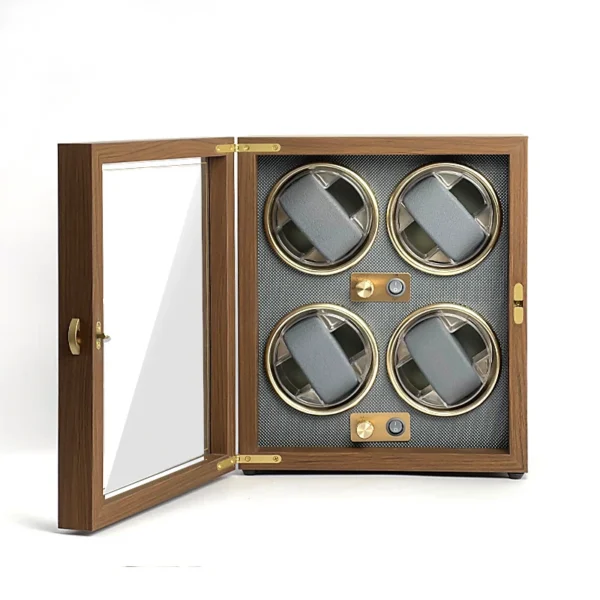 Quad (4 Slot) Walnut Wood Watch Winder Box with LED - KNG-442
